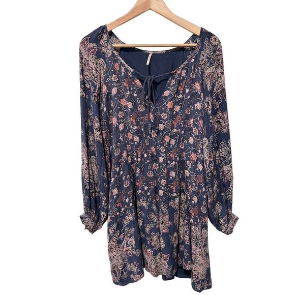 Free People Lucky Loosey Blue Floral Peasant Balloon Sleeve Mini Dress Size XS - Picture 1 of 12
